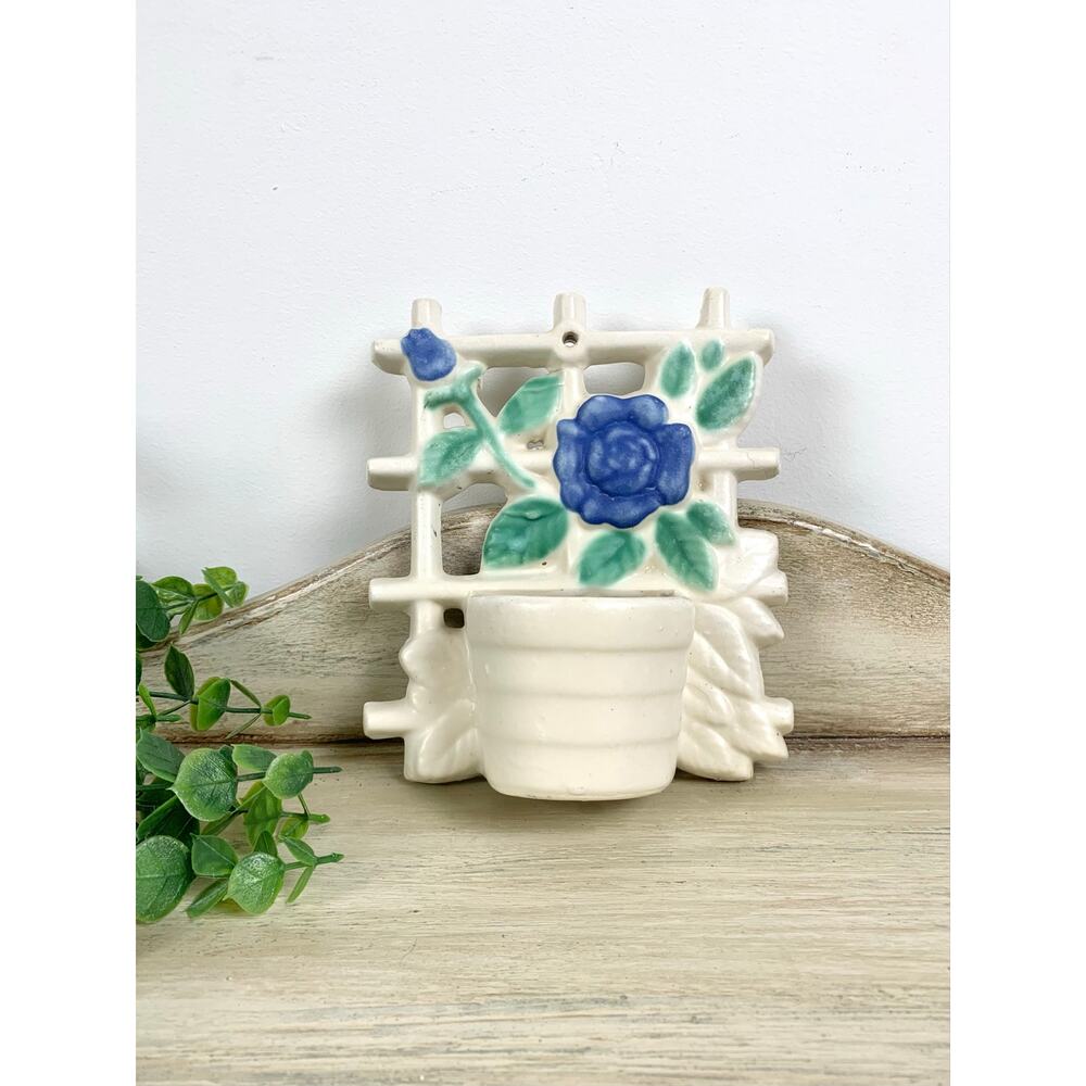 Vintage Ceramic Wall Pocket Planter Rose Hanging Vase Cottage Shabby Pottery